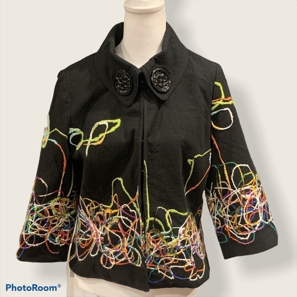Trenz Petite by Theresa Renz Black Wool Blend Embroidered Jacket PM Art to Wear